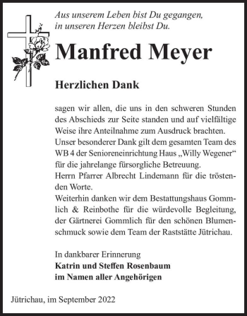 Traueranzeige von Manfred Meyer  von Magdeburger Volksstimme