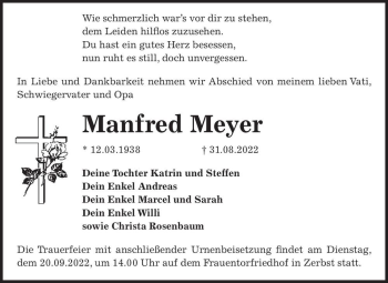 Traueranzeige von Manfred Meyer  von Magdeburger Volksstimme