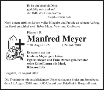 Traueranzeige von Manfred Meyer  von Magdeburger Volksstimme