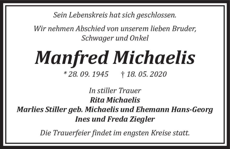  Traueranzeige für Manfred Michaelis  vom 06.06.2020 aus Magdeburger Volksstimme