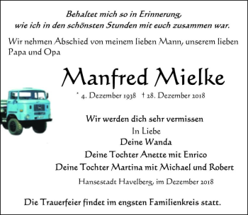 Traueranzeige von Manfred Mielke  von Magdeburger Volksstimme