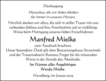 Traueranzeige von Manfred Mielke  von Magdeburger Volksstimme