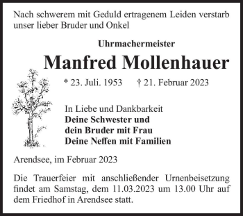 Traueranzeige von Manfred Mollenhauer  von Magdeburger Volksstimme