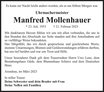 Traueranzeige von Manfred Mollenhauer  von Magdeburger Volksstimme