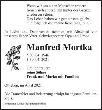 Traueranzeige von Manfred Mortka  von Magdeburger Volksstimme