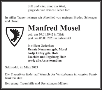 Traueranzeige von Manfred Mosel  von Magdeburger Volksstimme