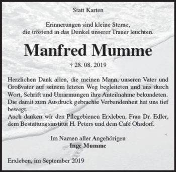 Traueranzeige von Manfred Mumme  von Magdeburger Volksstimme
