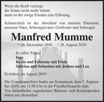 Traueranzeige von Manfred Mumme  von Magdeburger Volksstimme
