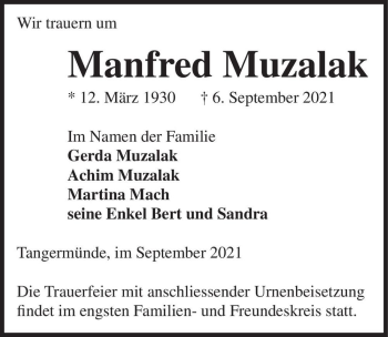 Traueranzeige von Manfred Muzalak  von Magdeburger Volksstimme