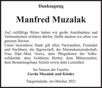 Traueranzeige von Manfred Muzalak  von Magdeburger Volksstimme