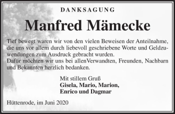 Traueranzeige von Manfred Mämecke  von Magdeburger Volksstimme