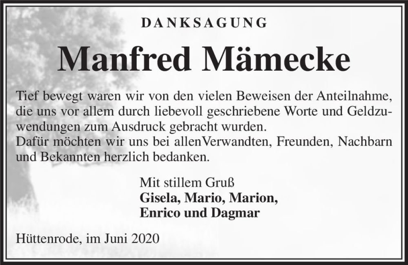 Traueranzeige für Manfred Mämecke  vom 27.06.2020 aus Magdeburger Volksstimme