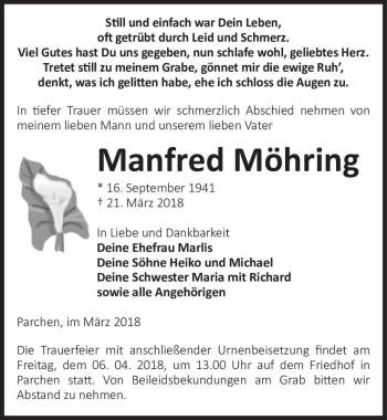 Traueranzeige von Manfred Möhring  von Magdeburger Volksstimme