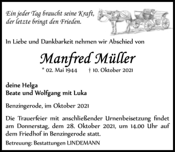 Traueranzeige von Manfred Müller  von Magdeburger Volksstimme