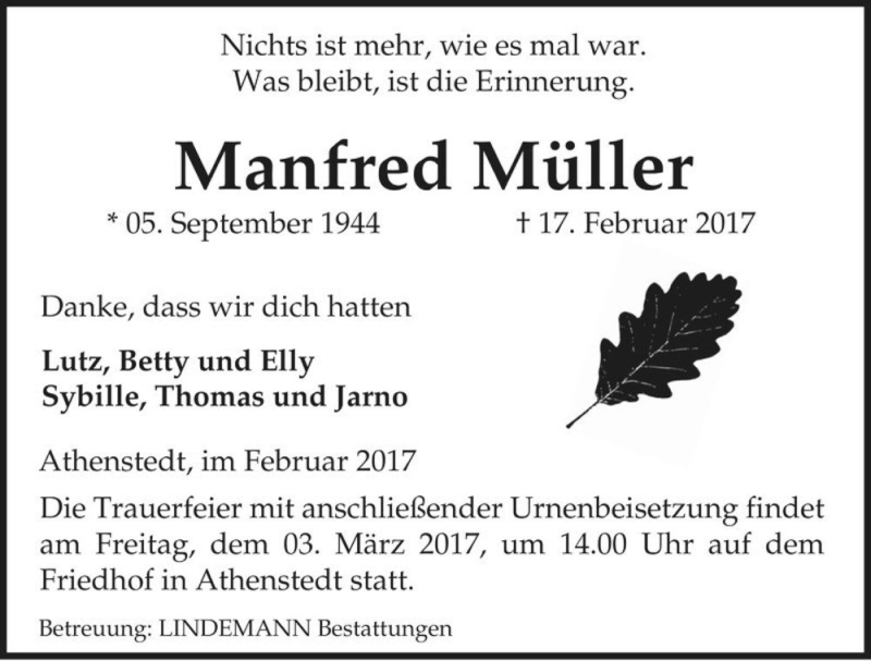  Traueranzeige für Manfred Müller  vom 25.02.2017 aus Magdeburger Volksstimme