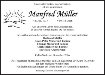 Traueranzeige von Manfred Müller  von Magdeburger Volksstimme