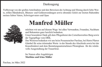 Traueranzeige von Manfred Müller  von Magdeburger Volksstimme