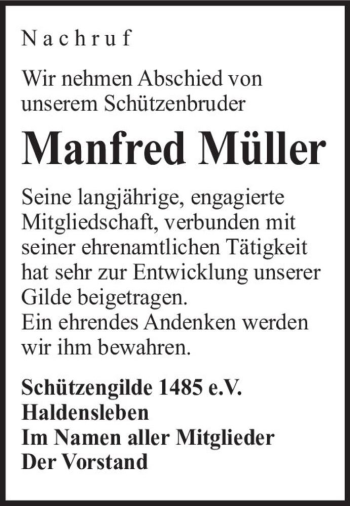 Traueranzeige von Manfred Müller  von Magdeburger Volksstimme