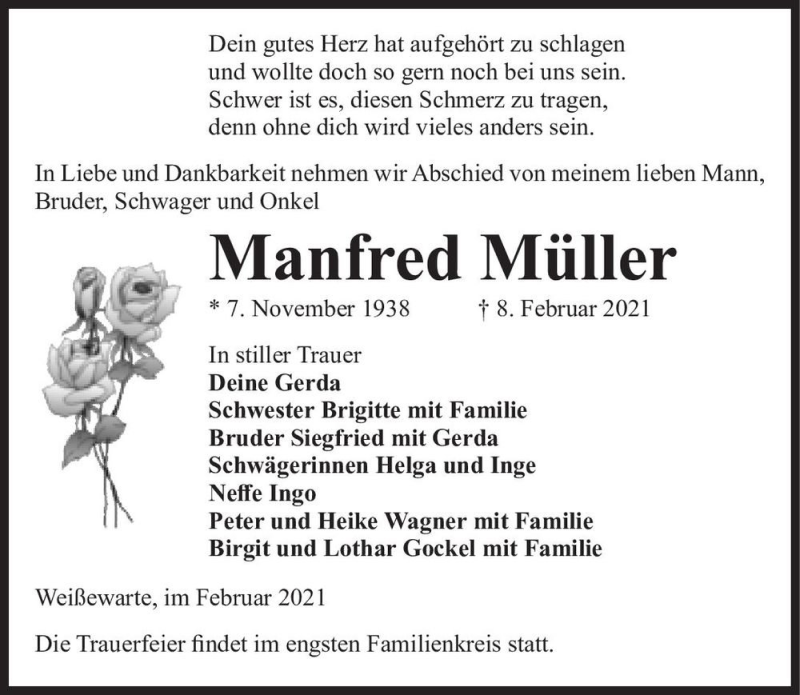  Traueranzeige für Manfred Müller  vom 13.02.2021 aus Magdeburger Volksstimme