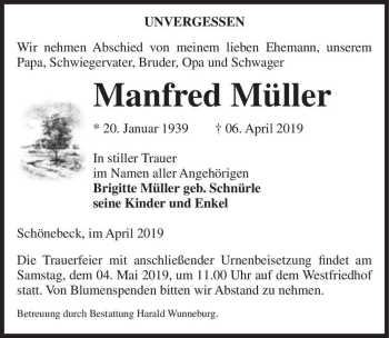 Traueranzeige von Manfred Müller  von Magdeburger Volksstimme