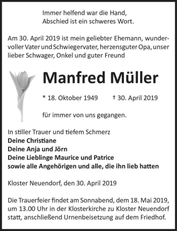 Traueranzeige von Manfred Müller  von Magdeburger Volksstimme