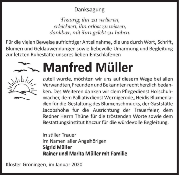 Traueranzeige von Manfred Müller  von Magdeburger Volksstimme