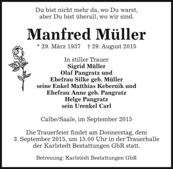 Traueranzeige von Manfred Müller  von Magdeburger Volksstimme