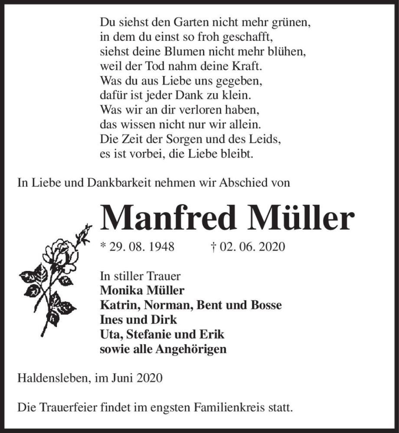  Traueranzeige für Manfred Müller  vom 06.06.2020 aus Magdeburger Volksstimme