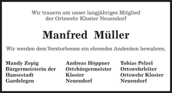 Traueranzeige von Manfred Müller  von Magdeburger Volksstimme