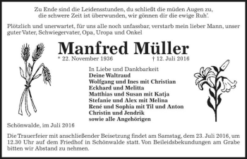 Traueranzeige von Manfred Müller  von Magdeburger Volksstimme
