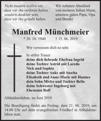 Traueranzeige von Manfred Münchmeier  von Magdeburger Volksstimme