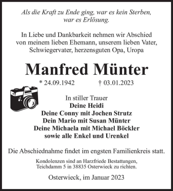 Traueranzeige von Manfred Münter  von Magdeburger Volksstimme