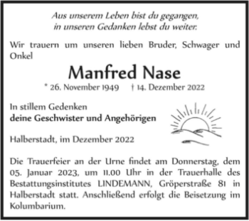 Traueranzeige von Manfred Nase  von Magdeburger Volksstimme