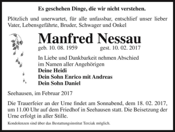 Traueranzeige von Manfred Nessau  von Magdeburger Volksstimme