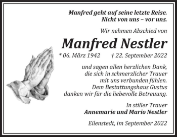 Traueranzeige von Manfred Nestler  von Magdeburger Volksstimme