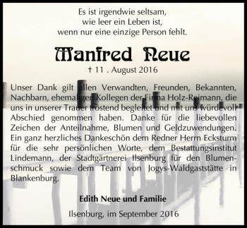 Traueranzeige von Manfred Neue  von Magdeburger Volksstimme