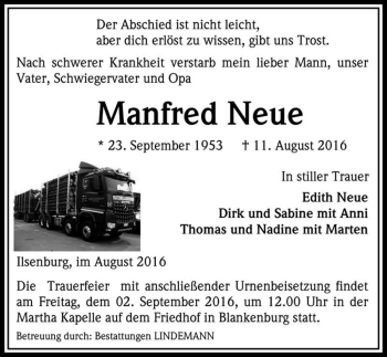 Traueranzeige von Manfred Neue  von Magdeburger Volksstimme