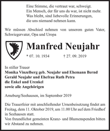Traueranzeige von Manfred Neujahr  von Magdeburger Volksstimme