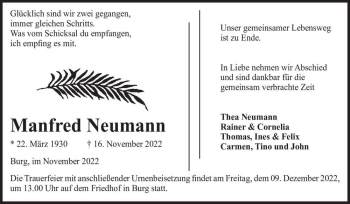 Traueranzeige von Manfred Neumann  von Magdeburger Volksstimme