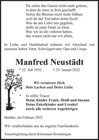Traueranzeige von Manfred Neustädt  von Magdeburger Volksstimme