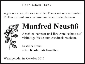 Traueranzeige von Manfred Neusüß  von Magdeburger Volksstimme