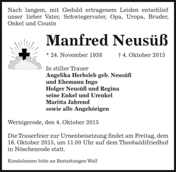 Traueranzeige von Manfred Neusüß  von Magdeburger Volksstimme