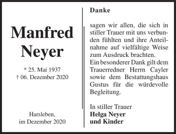 Traueranzeige von Manfred Neyer  von Magdeburger Volksstimme