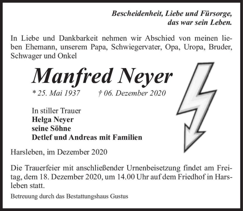  Traueranzeige für Manfred Neyer  vom 12.12.2020 aus Magdeburger Volksstimme
