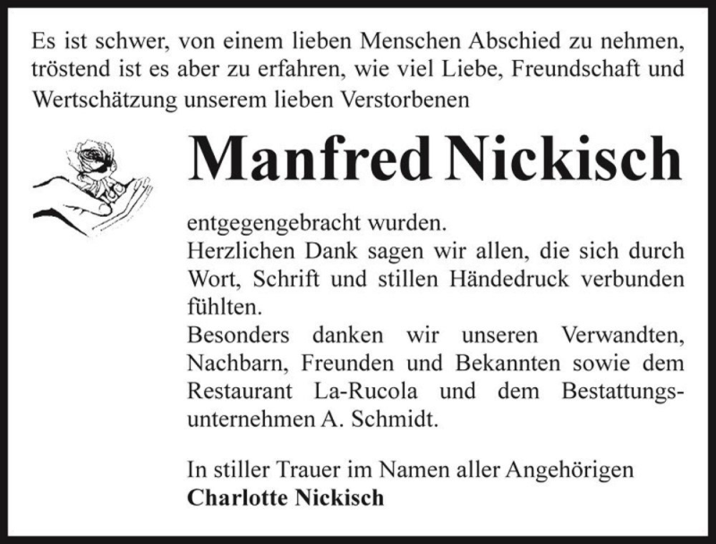  Traueranzeige für Manfred Nickisch  vom 20.05.2017 aus Magdeburger Volksstimme