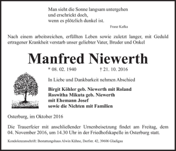 Traueranzeige von Manfred Niewerth  von Magdeburger Volksstimme