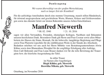 Traueranzeige von Manfred Niewerth  von Magdeburger Volksstimme