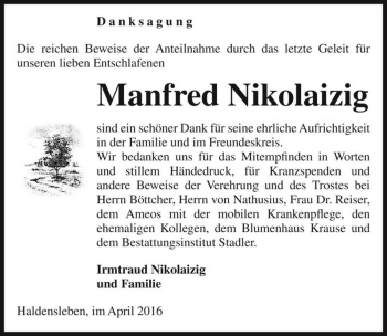 Traueranzeige von Manfred Nikolaizig  von Magdeburger Volksstimme