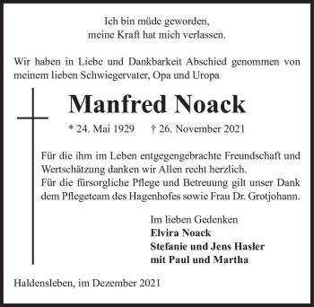 Traueranzeige von Manfred Noack  von Magdeburger Volksstimme