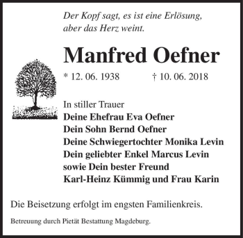 Traueranzeige von Manfred Oefner  von Magdeburger Volksstimme